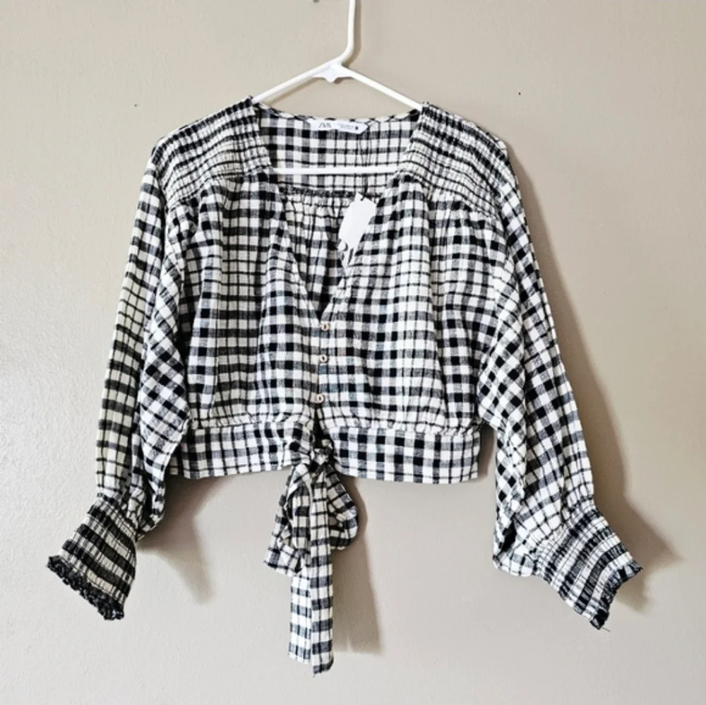 Zara Black and Cream Gingham Tie-Front Blouse